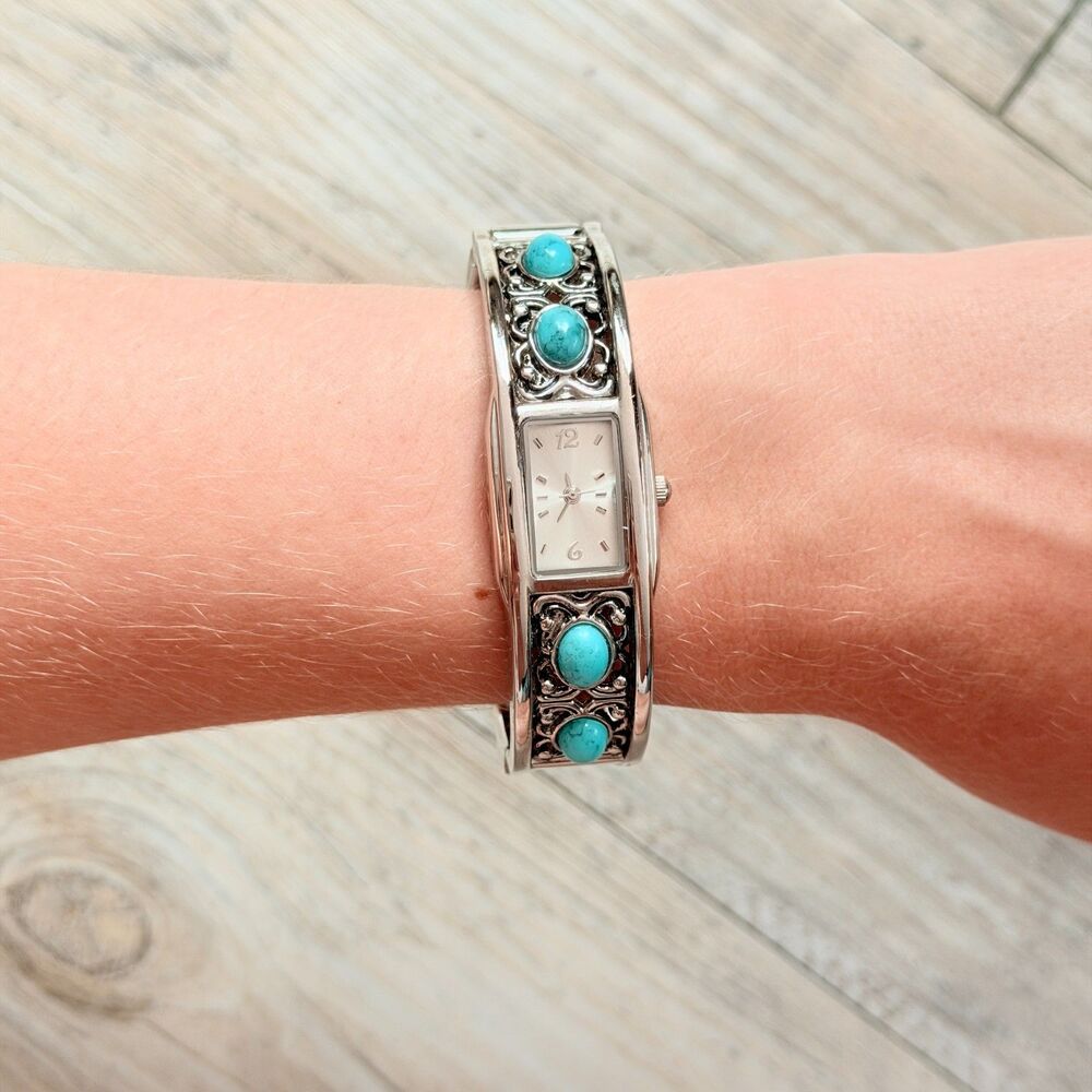 Southwestern Turquoise Silver Tone Cuff Bracelet Watch Western Boho Cowgirl